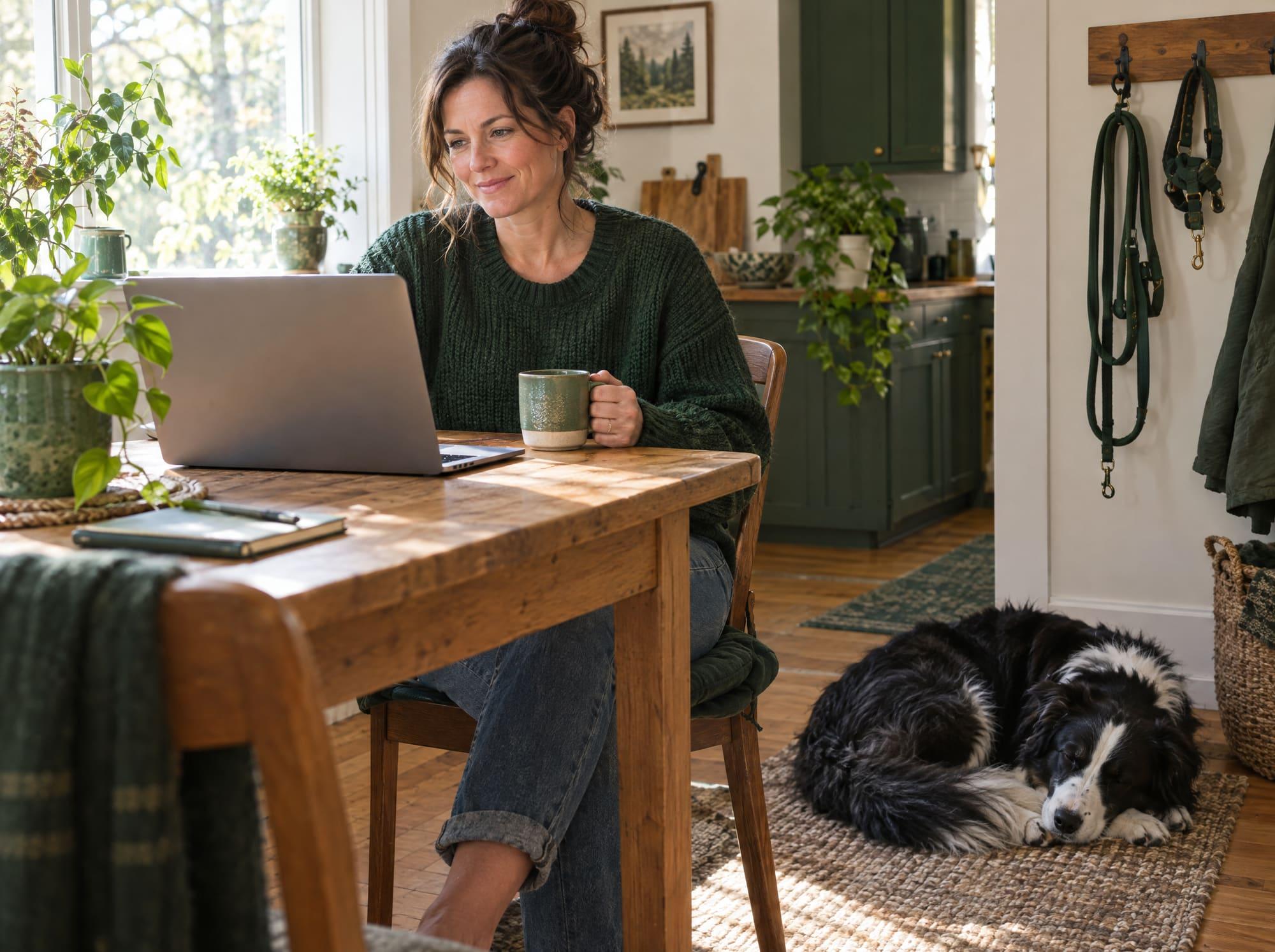 A pet sitting business owner at her kitchen table with a laptop and a sleeping border collie