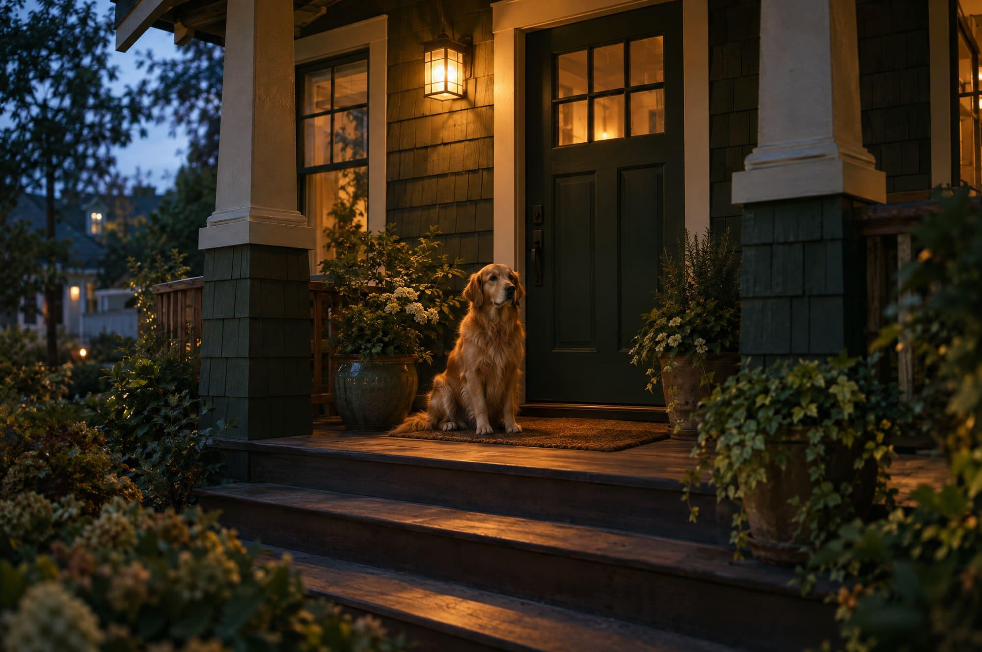 A golden retriever waiting on a lit front porch at dusk
